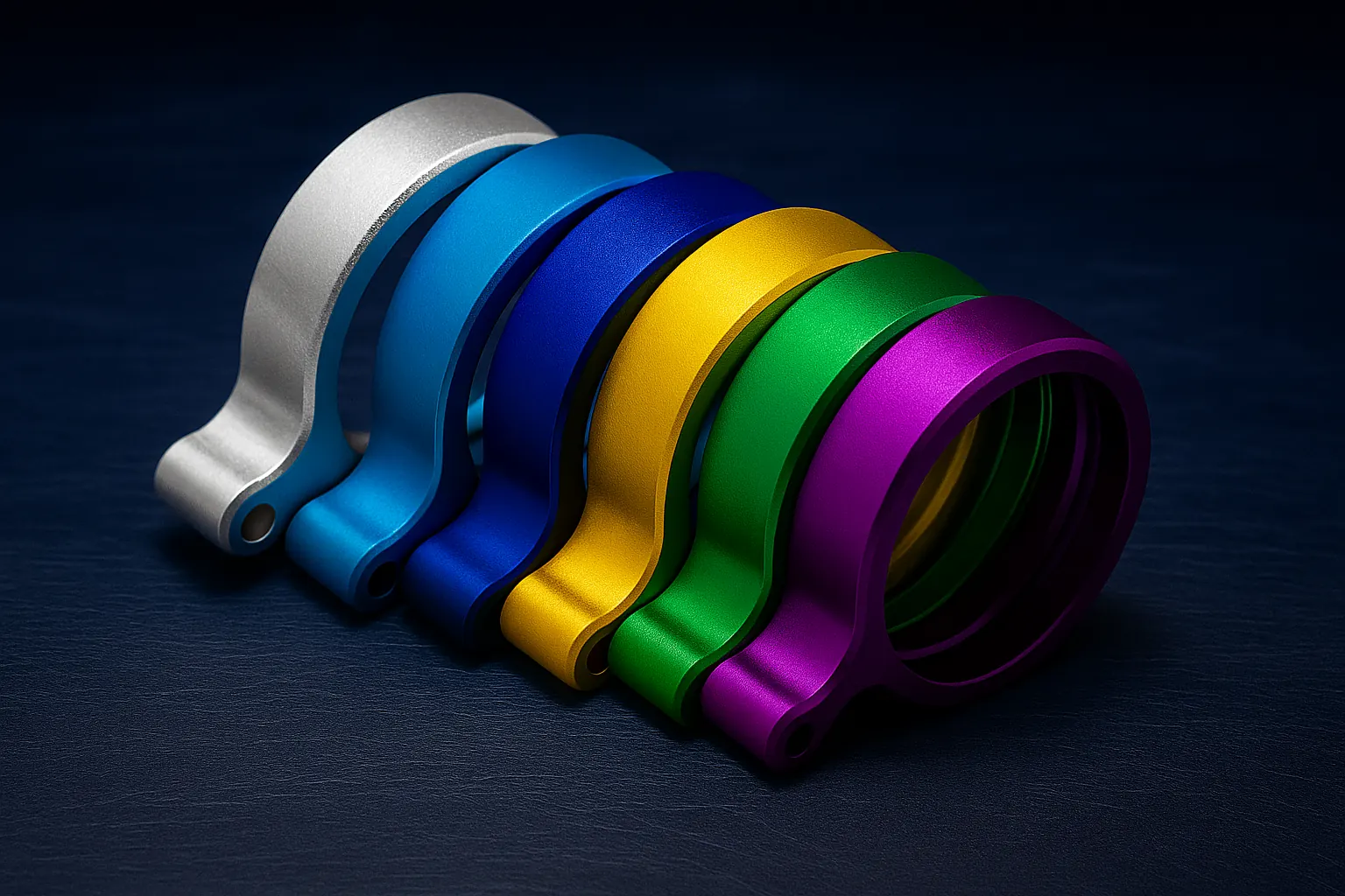 Piezas de aluminio anodizadas en natural, azul, amarillo, verde y violeta